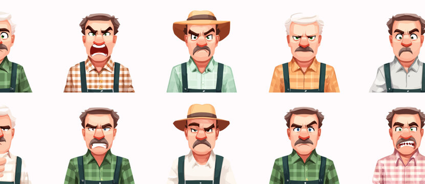 A set of expressive character faces for a Farmer, showcasing different emotions: happy, angry, surprised, sad, mischievous, and neutral.