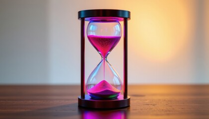a stunning hourglass, crafted from clear glass, with a modern twist featuring neon glow elements that illuminate the sand inside