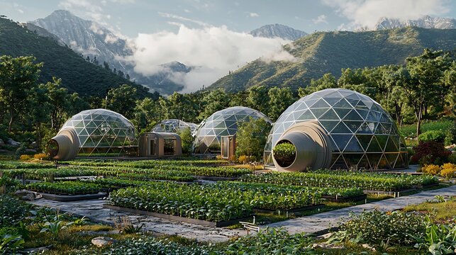 Depiction of future geodesic domes housing innovative farming solutions inside massive controlled biomes futuristic agriculture merging natural science