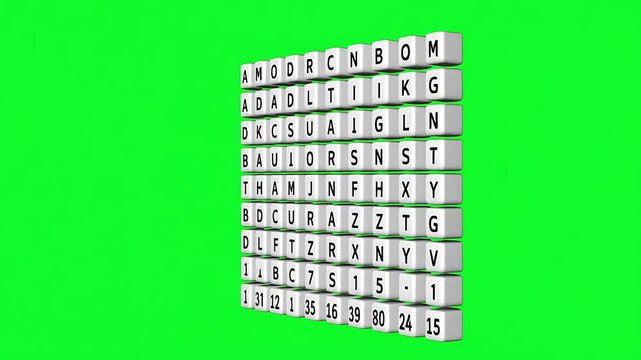 Random alphabetical letters, numbers, and text on white cubes