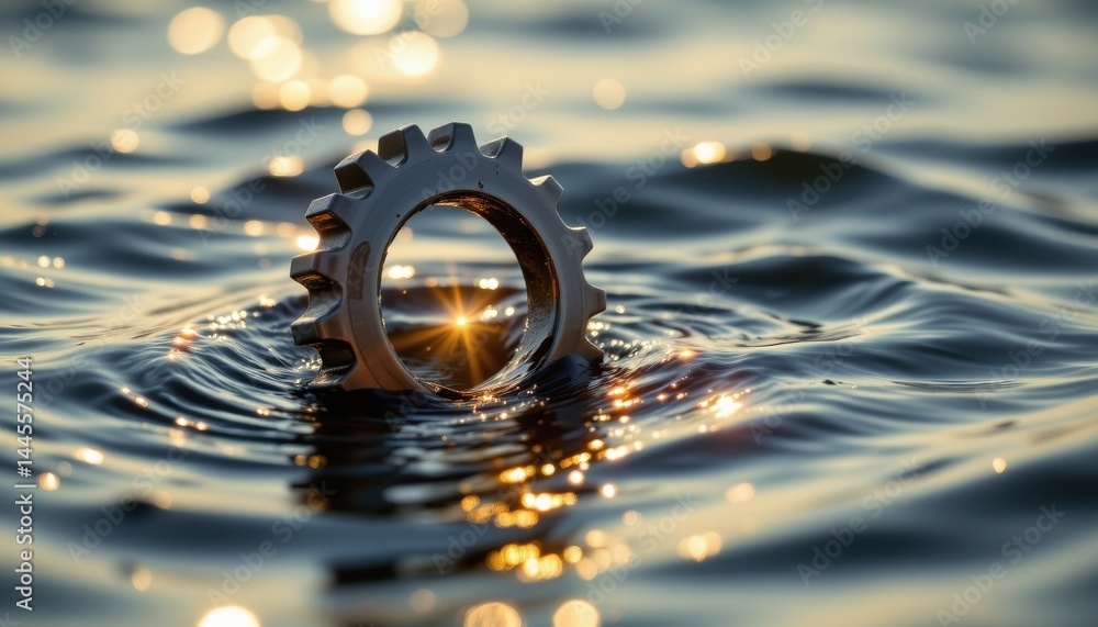 Aufkleber a shiny metallic gear slowly rises from the gently moving water, catching the soft sunlight and crea