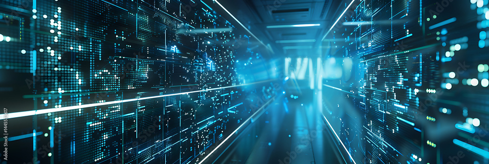 Poster perspective view down a futuristic data center corridor or high-tech tunnel with glowing blue lights