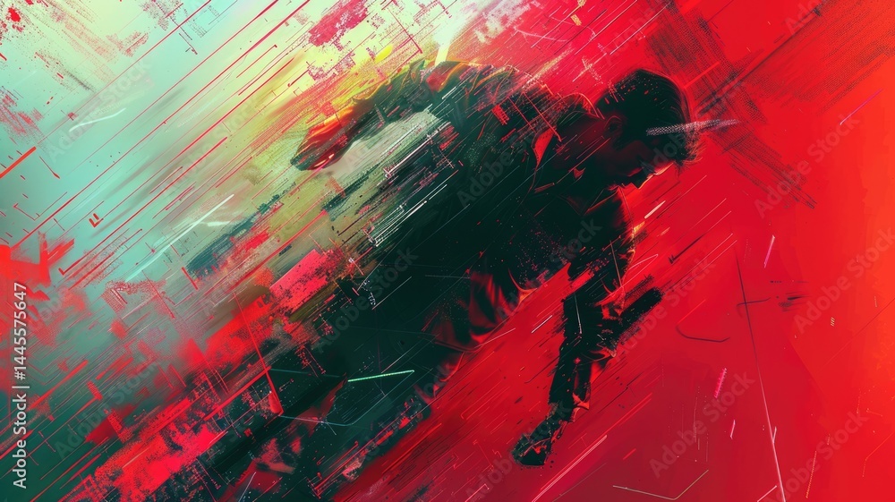 Poster abstract of complex glitch with broken pixel effect in cyber background. human shape and colorful pa