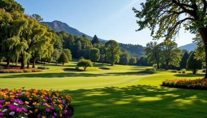 Naklejka premium the golf course landscape features lush green fairways lined with vibrant flowers and towering trees