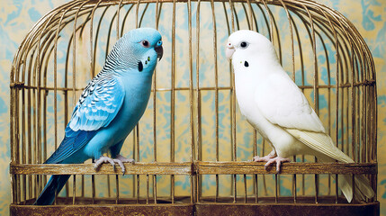 Obraz premium two pet parakeets in a cage indoors, one blue parakeet and one white parakeet