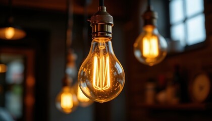 a close up photo of a glowing light bulb hanging in a dark room, illuminating its surroundings with a warm and inviting light.
