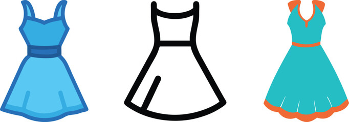 Flared Dress Icon Set, Stylish and Elegant Fashion Vector Designs