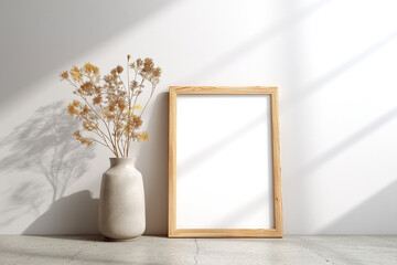 A simple wooden frame mockup leaning against the wall on an empty floor, beside it is a vase with dried flowers. The scene features bright light and shadow, a clean background,