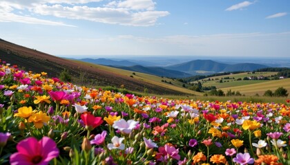 amidst a tapestry of assorted hues, the landscape is alive with a kaleidoscope of blossoms that sway gently in the breeze under a tranquil, endless sky.