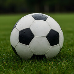Fototapeta premium A Classic Black and White Soccer Ball on a Lush Green Field