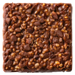 Obraz premium A dense, textured dessert square made with chocolate chips and crunchy bits, resembling a sweet and chewy treat.