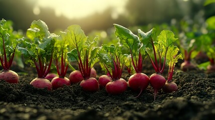 Vibrant red beetroot plants growing in rich soil outdoors eco food farm leaf crop diet fresh green
