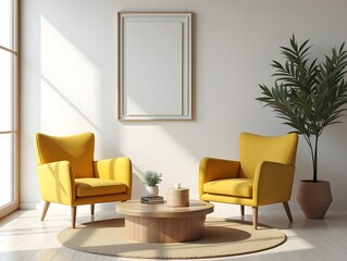 Modern living room interior with two yellow armchairs and coffee table