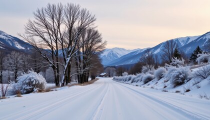 Obraz premium the image shows a serene winter road blanketed in white snow, flanked by bare trees and distant mountains, creating a peaceful and tranquil winter scene.