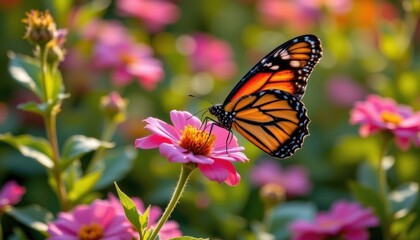 Fototapeta premium a monarch butterfly with its striking black and orange wings delicately alights on a blooming pink flower bathed in golden sunlight