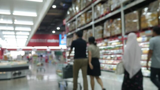 Blurred view of modern supermarket store&nbsp;background. Shopping in hypermarket superstore defocused bokeh light background.