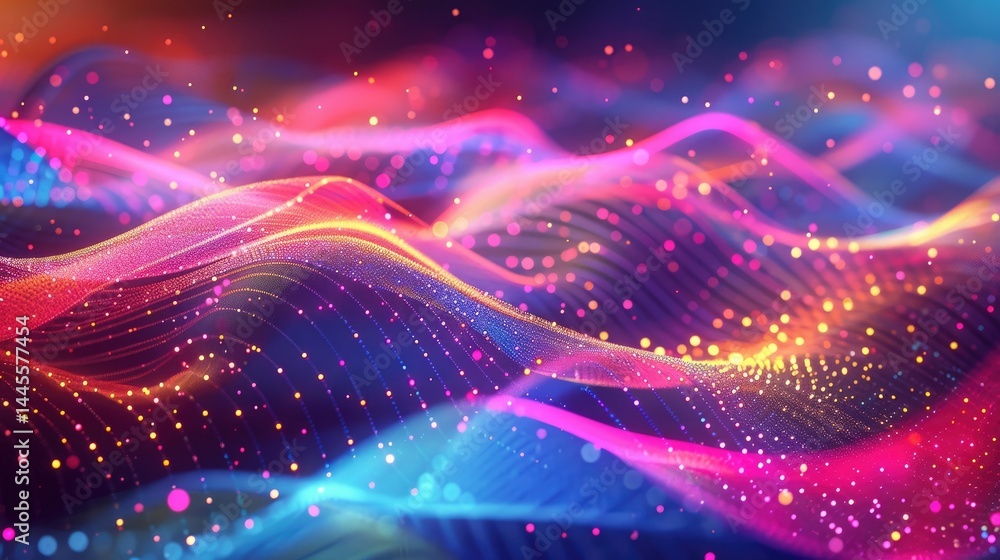 Poster explore a vibrant and abstract background featuring colorful lines and dots in wavy patterns, ideal 
