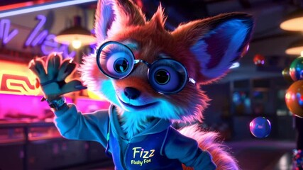 Cute animated fox in glasses and hoodie waving happily in a neon-lit arcade. - Powered by Adobe