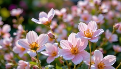Fototapeta premium the delicate petals of the blooming flowers sway gently in the summer breeze, their soft pastel colors blending together to create a dreamy and tranquil scene in the garden.