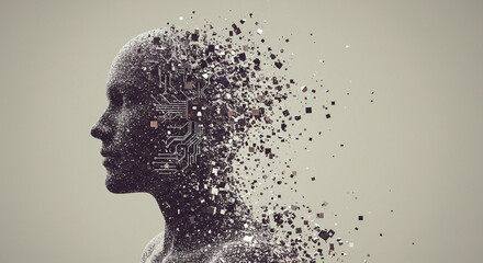 Abstract AI Head Disintegrating into Particles