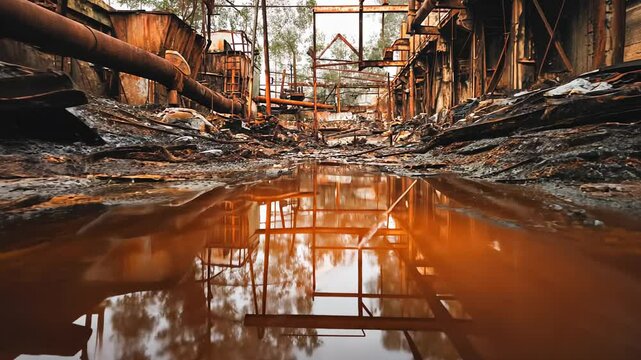 Deplorable abandoned industrial building interior full shot