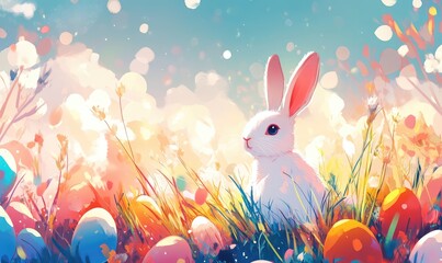 Happy Easter banner with colorful eggs, bunny, and spring grass for holiday greeting. AI generated illustration.