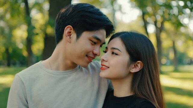 A young asian man gently leans toward his laughing girlfriend while sunlight filters through park trees. Concept of playful affection and youthful connection.