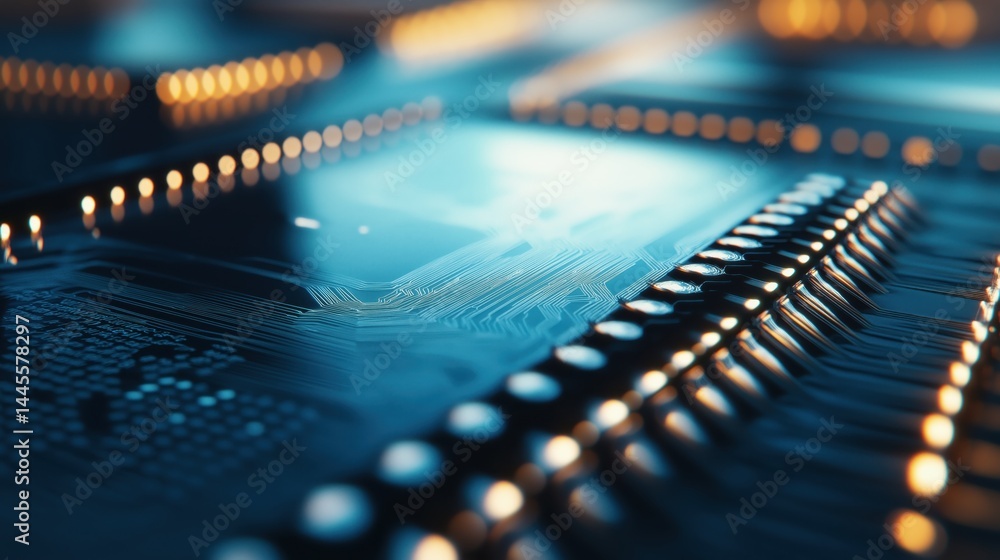Poster Close-up of electronic microchip on a luminous circuit board with detailed connections
