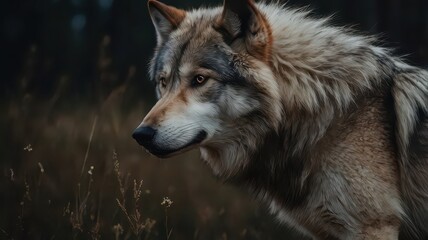 Obraz premium Majestic Wolf Walks Through Grassy Field at Dusk