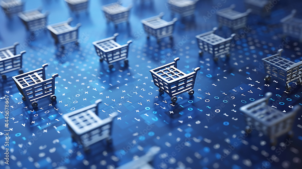 Poster multiple empty metal shopping carts arranged in rows on a blue surface with digital binary code over