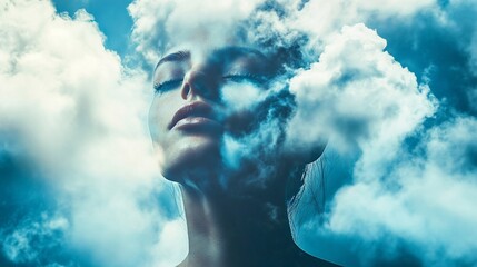 Serene Dreamscape: Woman Immersed in Ethereal Cloudscape Harmony and Peace