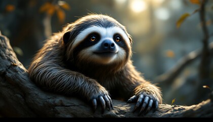 Naklejka premium Sloth Resting Peacefully on Tree Branch Looking Upward in Forest