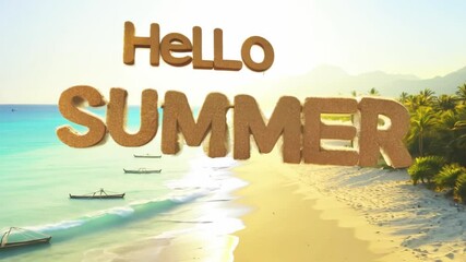 Bright pop-up text "Hello Summer" over tropical sea coast