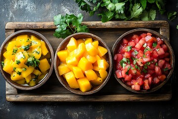 Assorted Mango Pickles and Chutneys in Wooden Tray