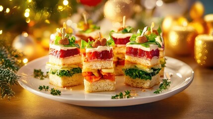 Obraz premium Elegant platter with colorful mini sandwiches and garnishes, softly lit with a warm holiday glow in the background