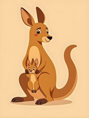 Kangaroo with Baby in Pouch Illustration on Brown Background Natural Animal Design