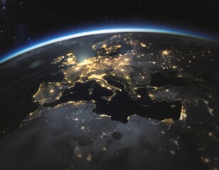 Europe at night seen from space – glowing city lights on the Earth’s surface