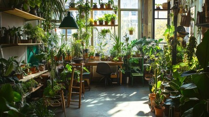 Naklejka premium Lush indoor jungle with many plants