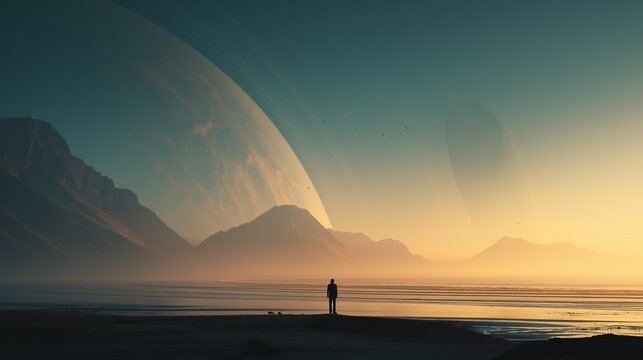 Solitary figure on alien shore watching huge planet setting sun