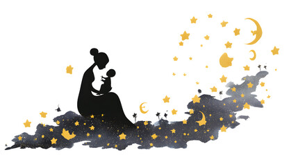 Mother and child surrounded by floating stars and moons, nighttime dream theme, isolated on white background