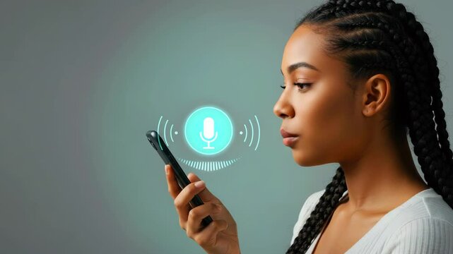 Young woman with braided hair using a smartphone for voice commands in a minimalist setting