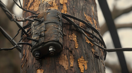 Weathered utility pole with aging hardware and peeling bark texture detail