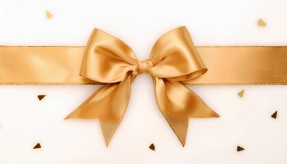 Fototapeta premium gold satin ribbon bow on white background for new year gift wrap, web design, branding, print decor, festive greeting card or packaging graphic