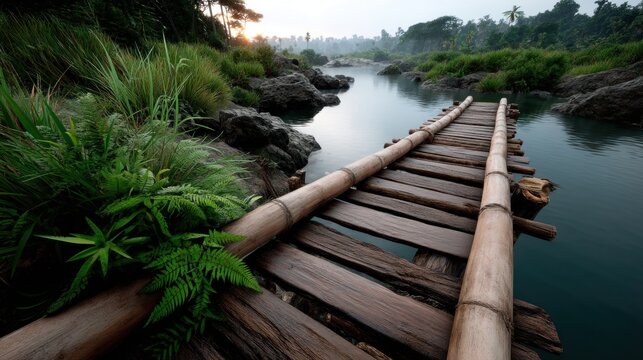 Rustic bamboo and wooden bridge over a calm river in lush tropical jungle at sunrise