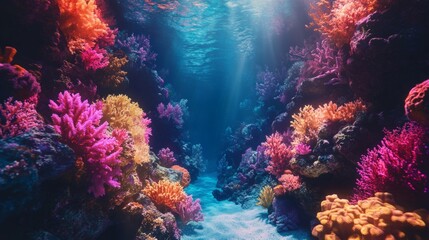 Naklejka premium Vibrant Underwater Coral Reef Scene With Sunlight