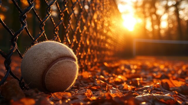 Tennis ball rests on autumn leaves, behind chain-link fence, bathed in golden sunset light