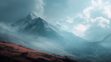 Majestic mountain peak rising amidst clouds with golden sunlight in the distance a scene of serenity 