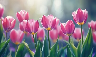 Fototapeta premium Hello spring sale banner with 3D tulips and envelope on pink background. AI generated illustration.