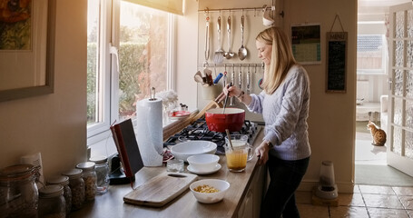 Woman, diet and cooking in kitchen, food and nutrition or prepare ingredients at home. Female...