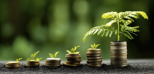 Stacks of coins with small plants growing on top, symbolizing financial growth and investment success, Net Zero Emissions .